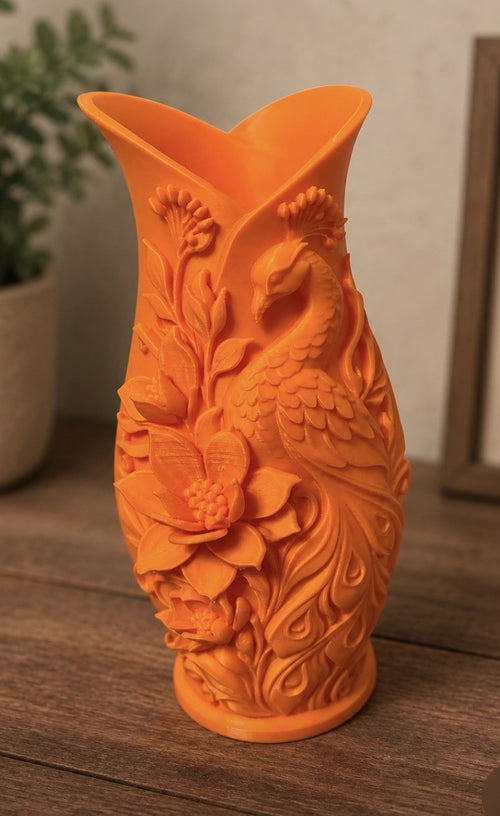 Embossed Peacock & Floral Decorative Vase, 3D effect.
