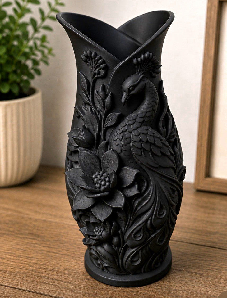 Embossed Peacock & Floral Decorative Vase, 3D effect.