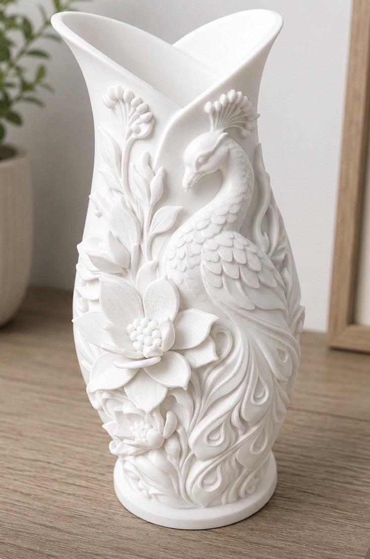 Embossed Peacock & Floral Decorative Vase, 3D effect.