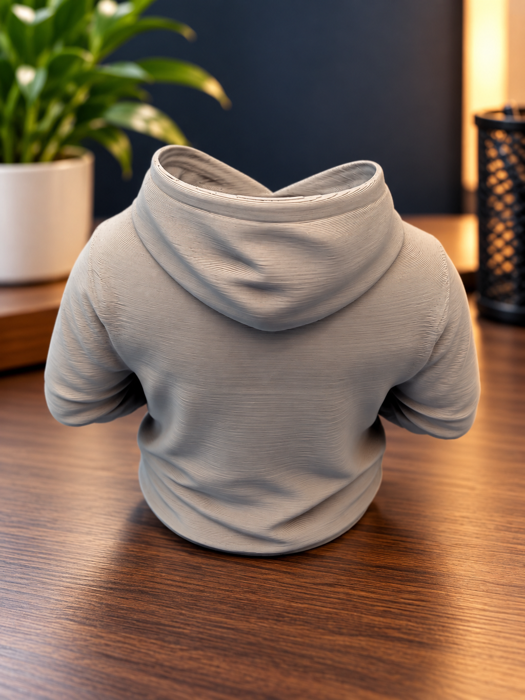 Back view of 3D printed gray hoodie pen holder