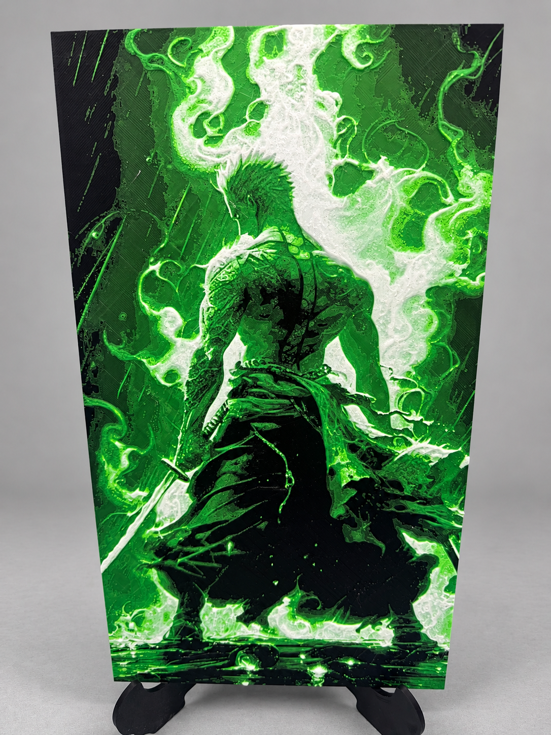 Zoro green HueForge artwork on black display stand