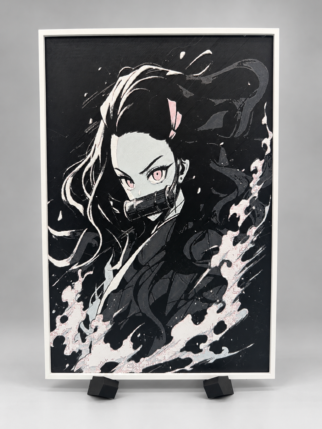 Framed Nezuko HueForge fan art on display stand
