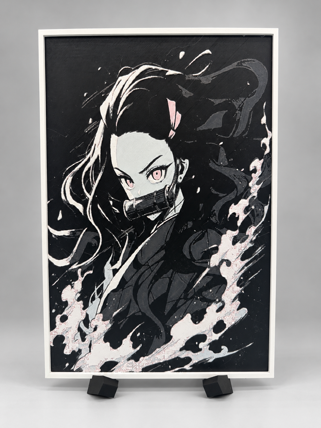 Framed Nezuko HueForge fan art on display stand