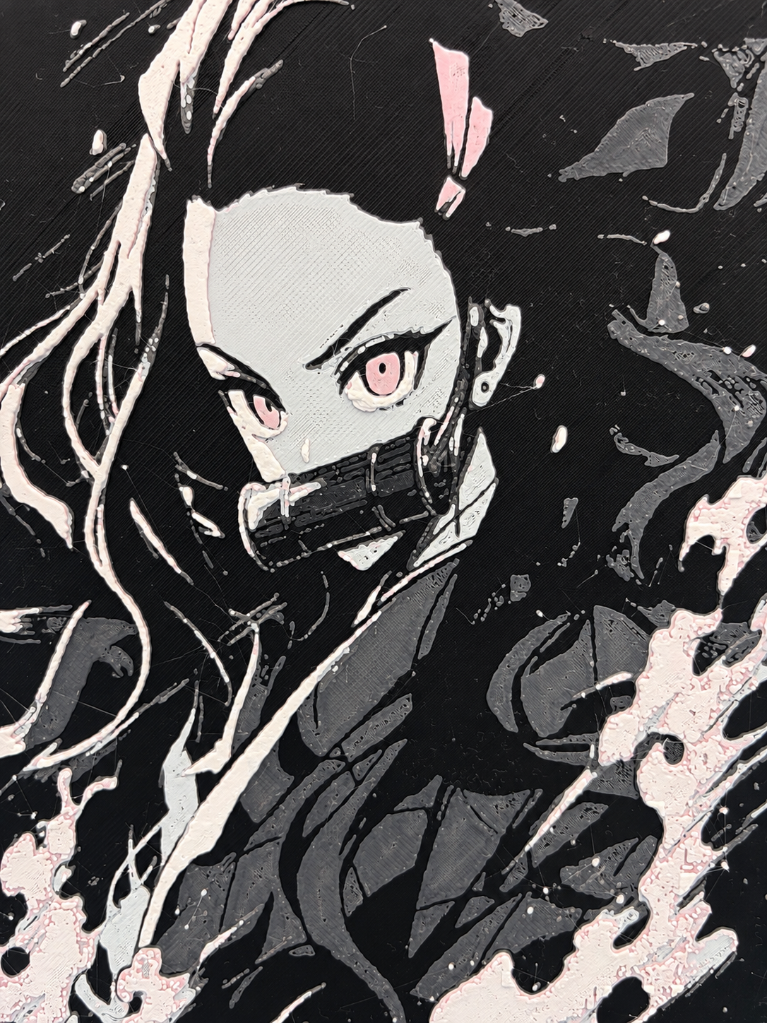 Close-up of Nezuko layered 3D-printed artwork