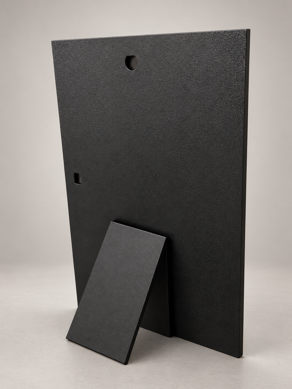 Rear view showing stand and hanging slots