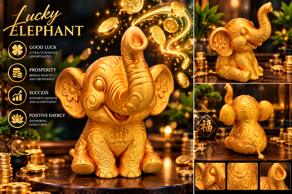 Golden 5 inch 3D printed PLA elephant with raised trunk