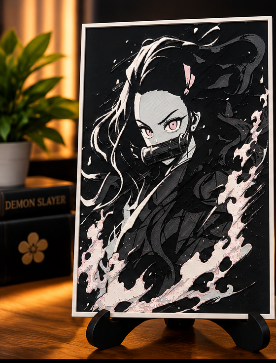Nezuko HueForge print on black stand with warm studio backdrop