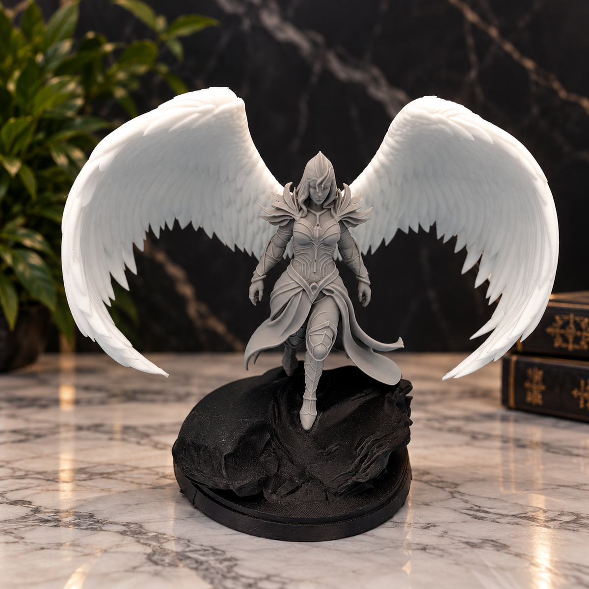 Valkyrie divine female warrior figurine with wide white wings