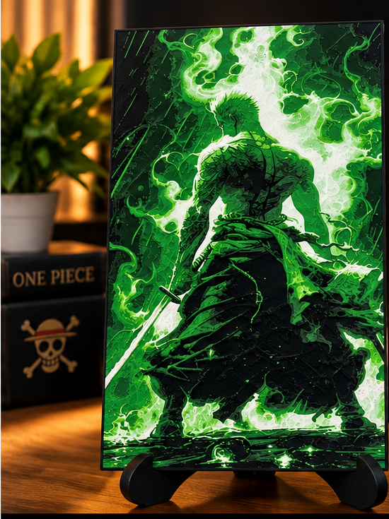 Zoro HueForge print on black stand with warm studio backdrop